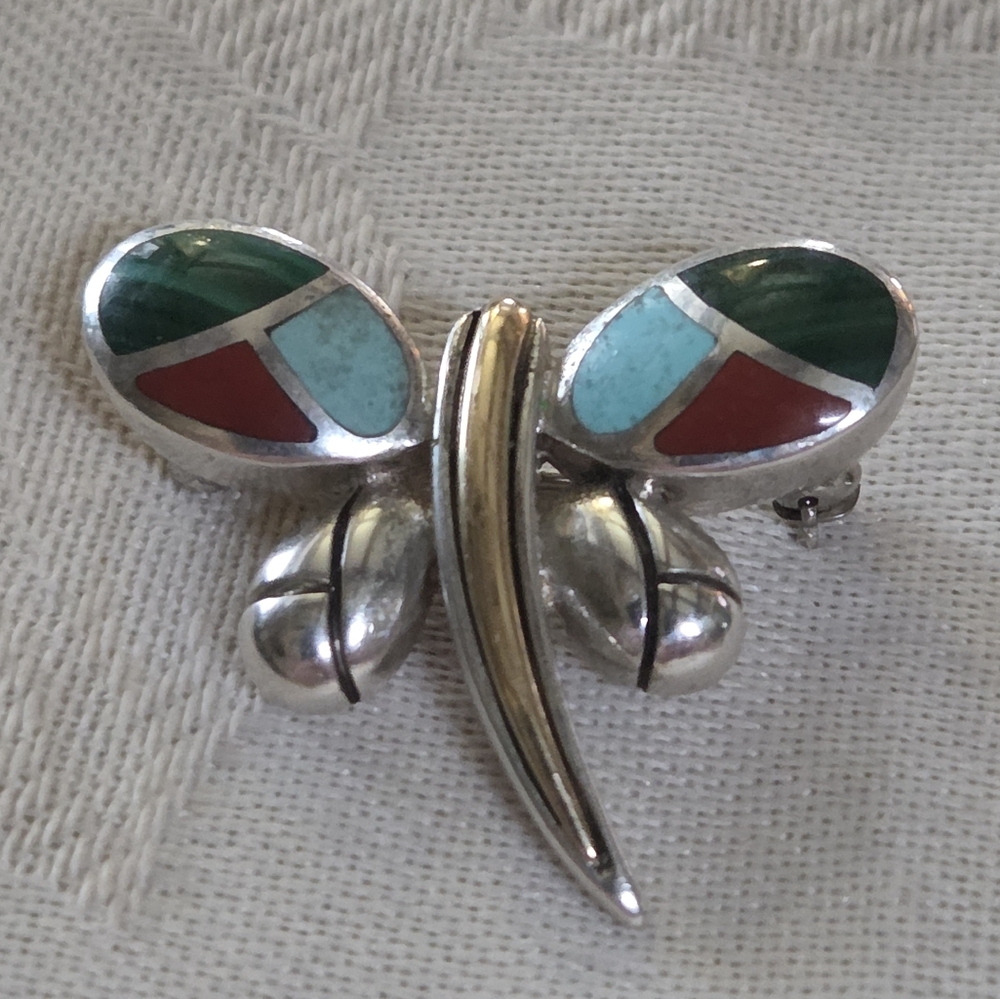 Asch Grossbart Inlay Dragonfly Brooch, SS & 18k